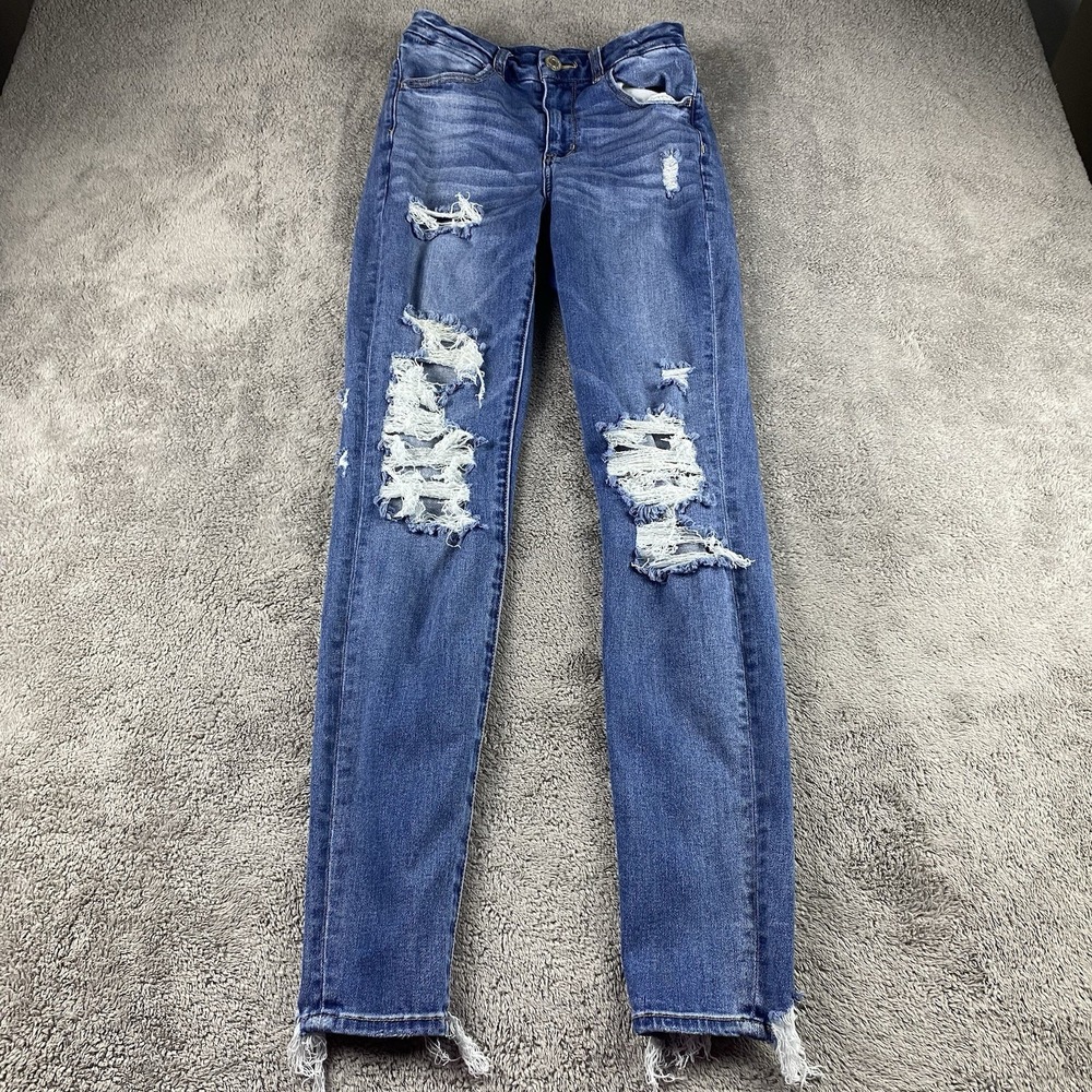 American‎ Eagle Stretch Fit Curvy Jeggings Womens 4 Long Blue Distressed